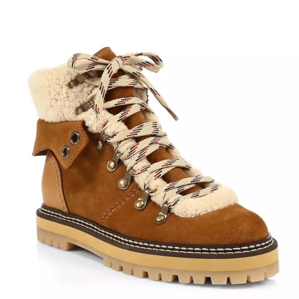 See by Chloe Eilieen Shearling Trimmed suede and leather ankle boots in Tan.